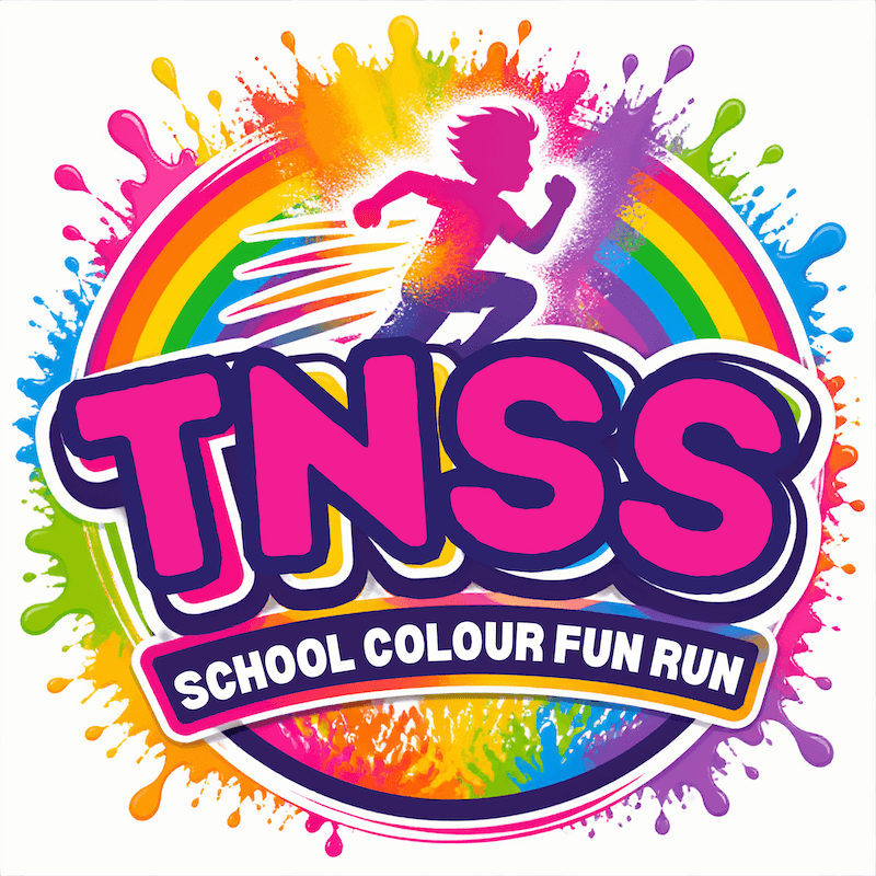 TNSS School Colour Fun Run — a runner surrounded by rainbow colours